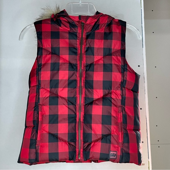 GAP Other - Buffalo Check Puffer Vest Fur Hoodie